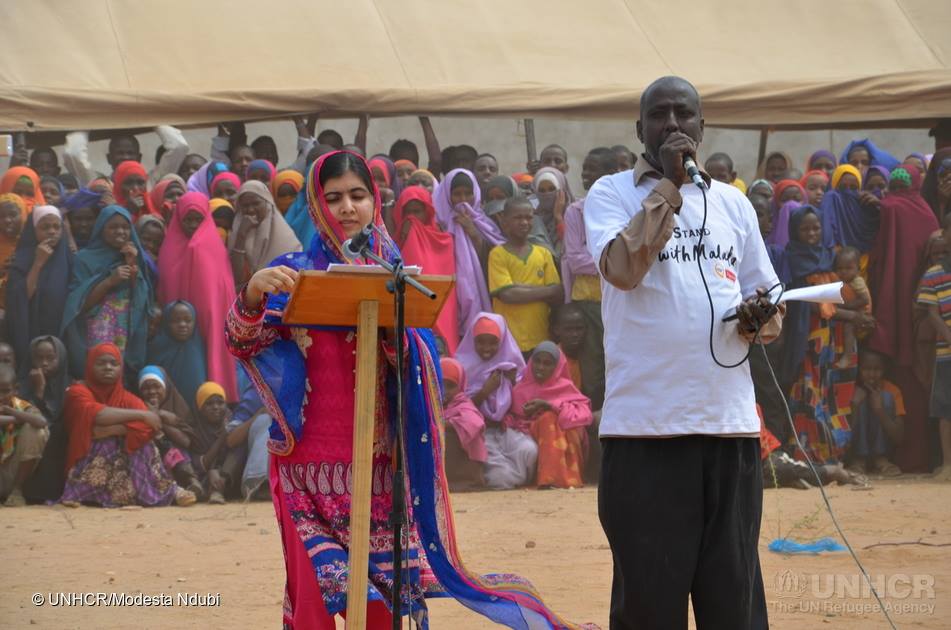 Malala addressing the gathering at Juba Sports Complex in Dagahaley.